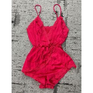 Sexy Vintage 70s 80s Red Negligée Nightie Teddy Nylon Lace S